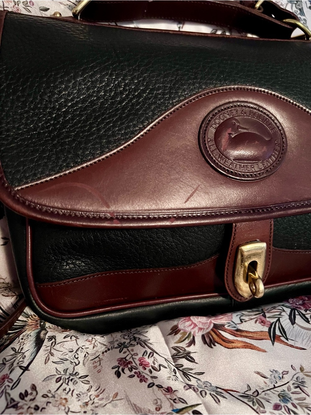 Dooney & Bourke Black and Brown Leather Messenger with Gold Hardware